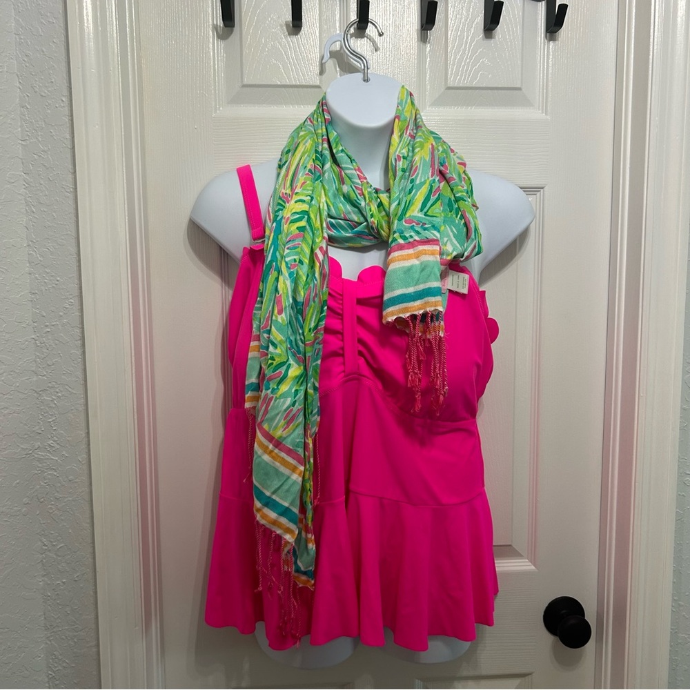 Lilly Pulitzer Murfee Tropical Storm Scarf with Hot Pink Fringe - Rare 2015 - Picture 6 of 11